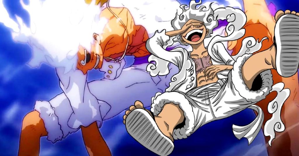 Luffy using Gear transformation with energy effects in One Piece anime battle scene