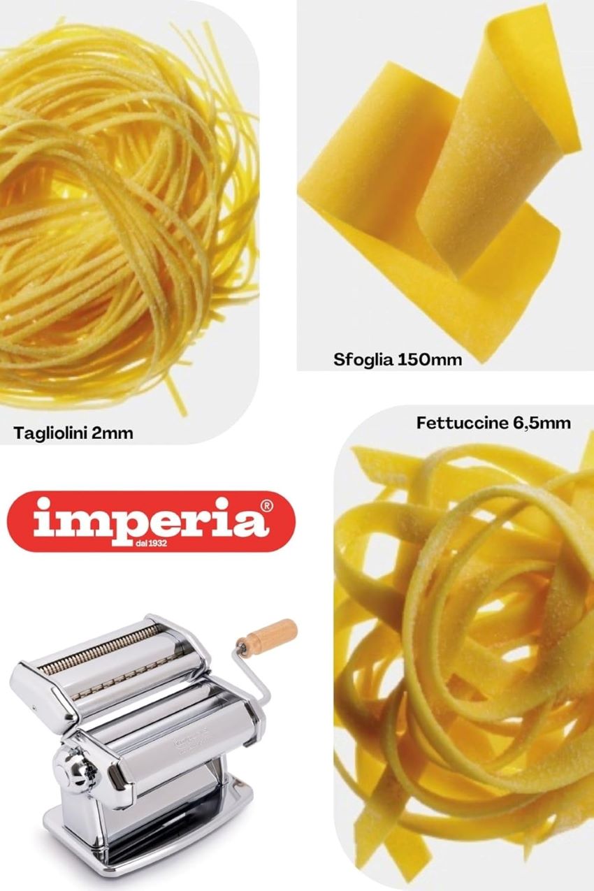Close-up of the Imperia manual pasta machine’s rollers and stainless steel construction.