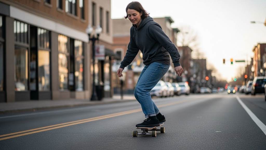 Person cruising on a 31 inch skateboard down a city street enjoying smooth ride