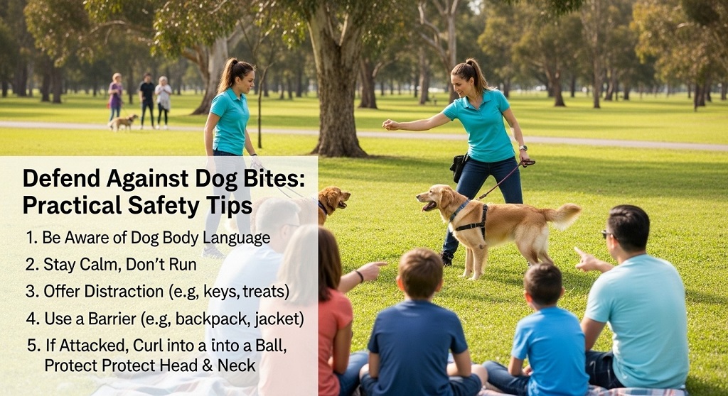 Person standing still to defend against aggressive dog