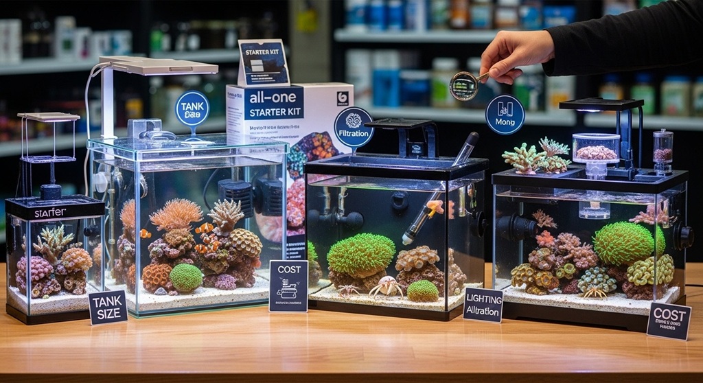 Nano marine tank setup for beginners on desktop aquarium stand