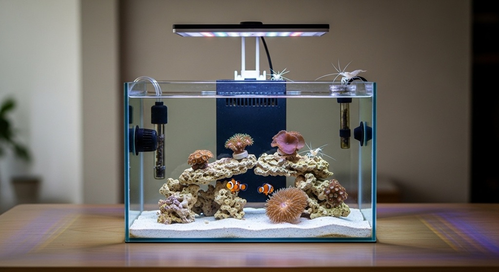 Nano reef tank starter kit setup with LED lighting and filtration system
