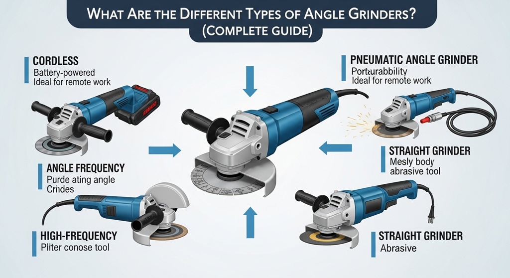 Types of angle grinders comparison chart showing corded and cordless models