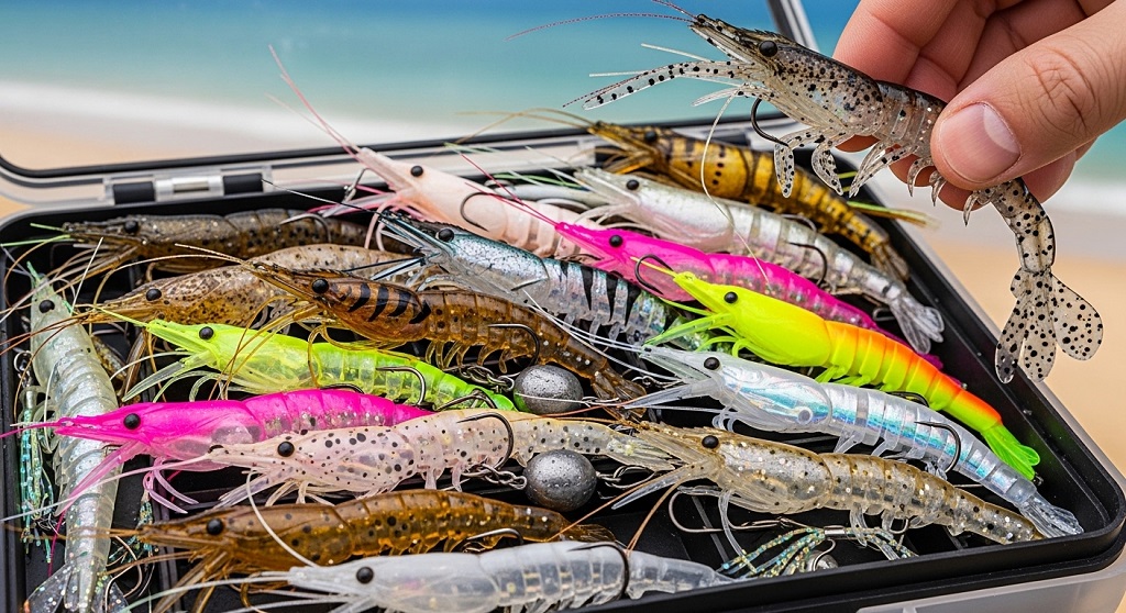 soft plastic shrimp lure rigged under popping cork for trout fishing