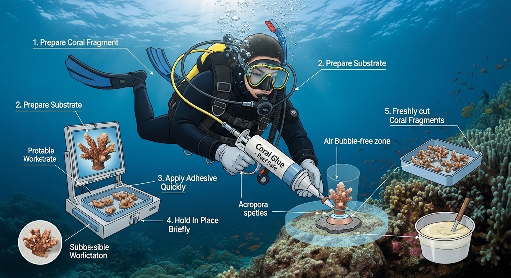 Applying reef-safe gel glue to coral frag underwater