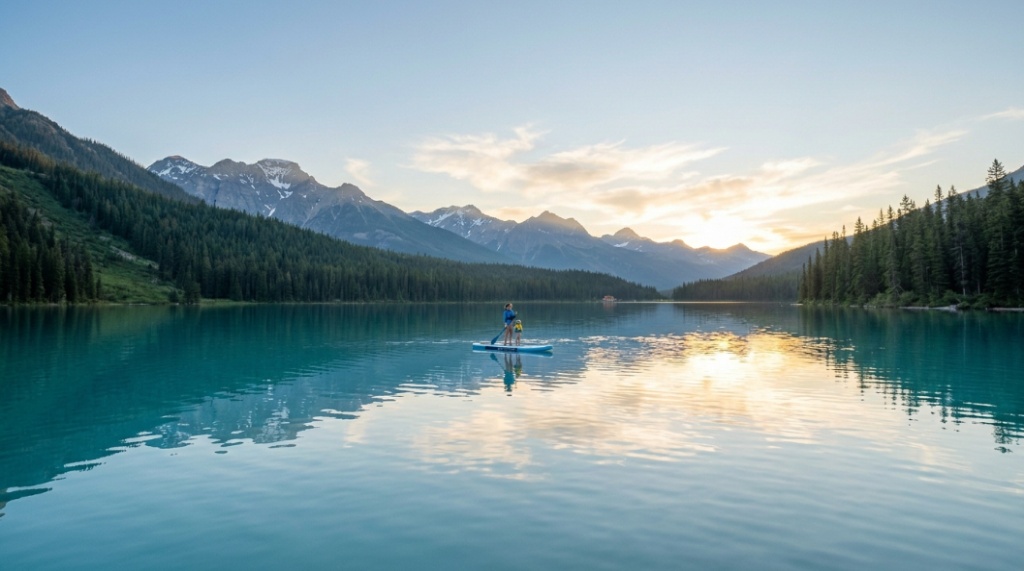 A man and his dog sitting on a large, stable inflatable paddle board on a quiet river.