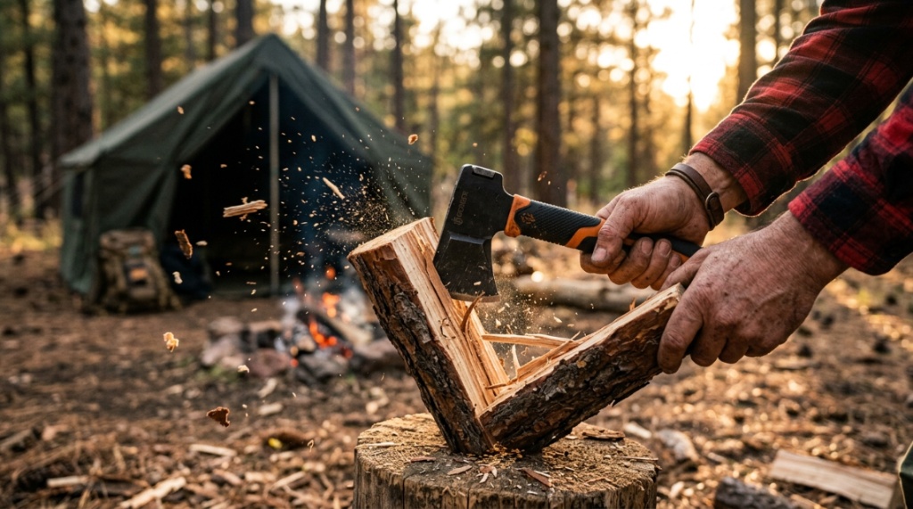 A rugged camp axe embedded in a wooden chopping block with a misty forest background.