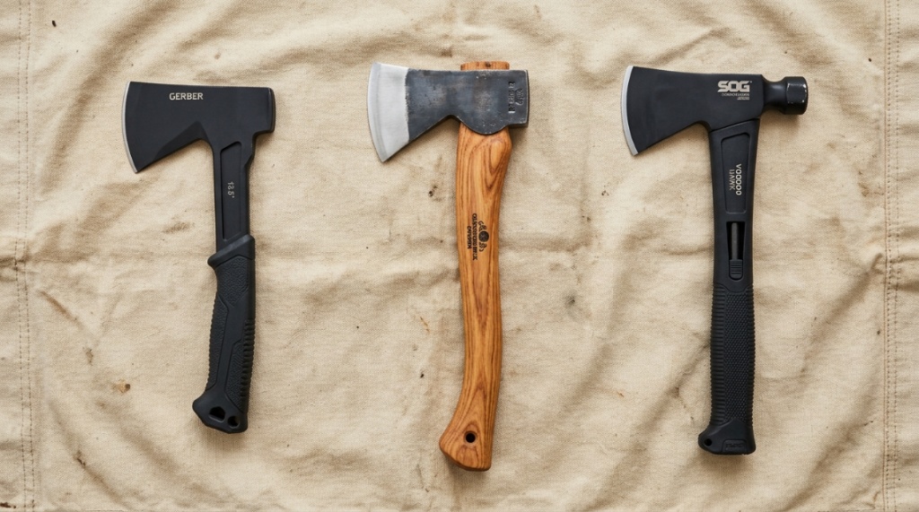 Flat lay comparison of three different survival hatchets and camp axes on a canvas tarp.