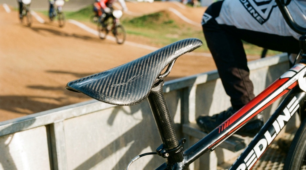 Slim BMX racing seat compared alongside thick padded freestyle saddle.