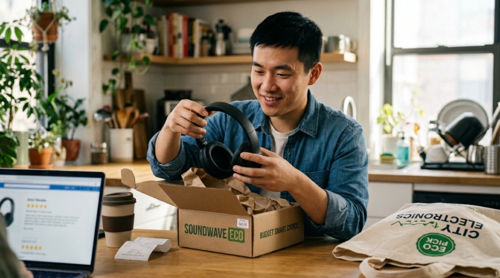Person holding budget-friendly headphones while checking prices on an iPhone screen.