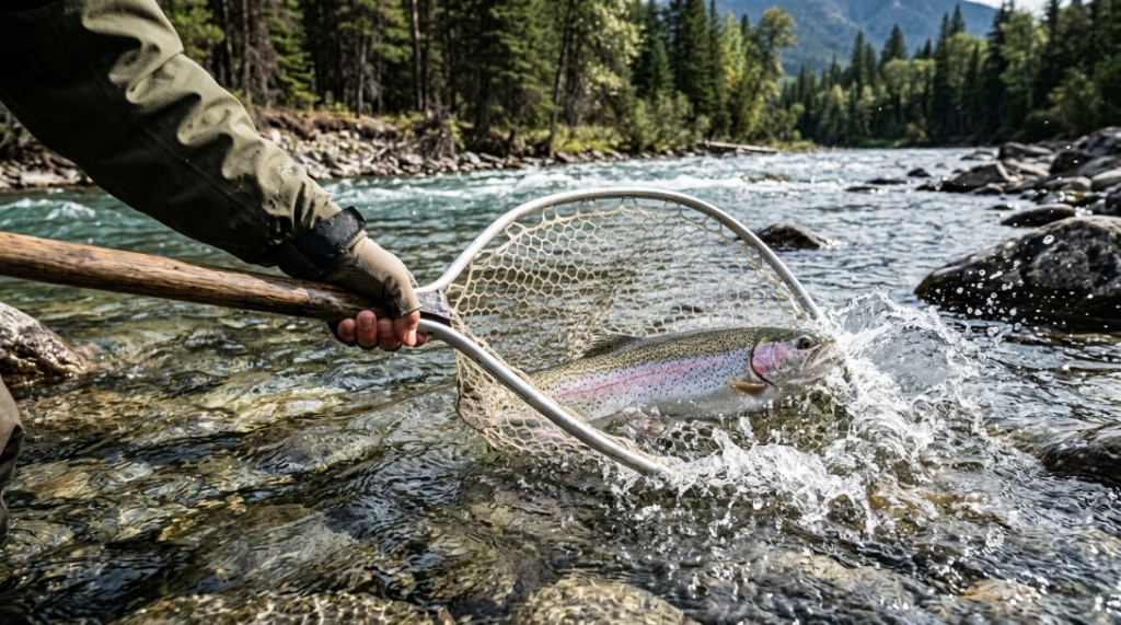 An angler uses a large landing net to safely scoop a trout from a river.