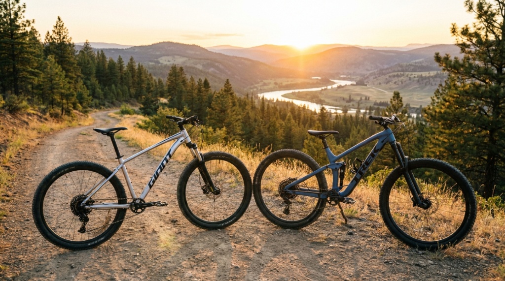 Cyclist inspecting the front suspension fork of a hardtail mountain bike.