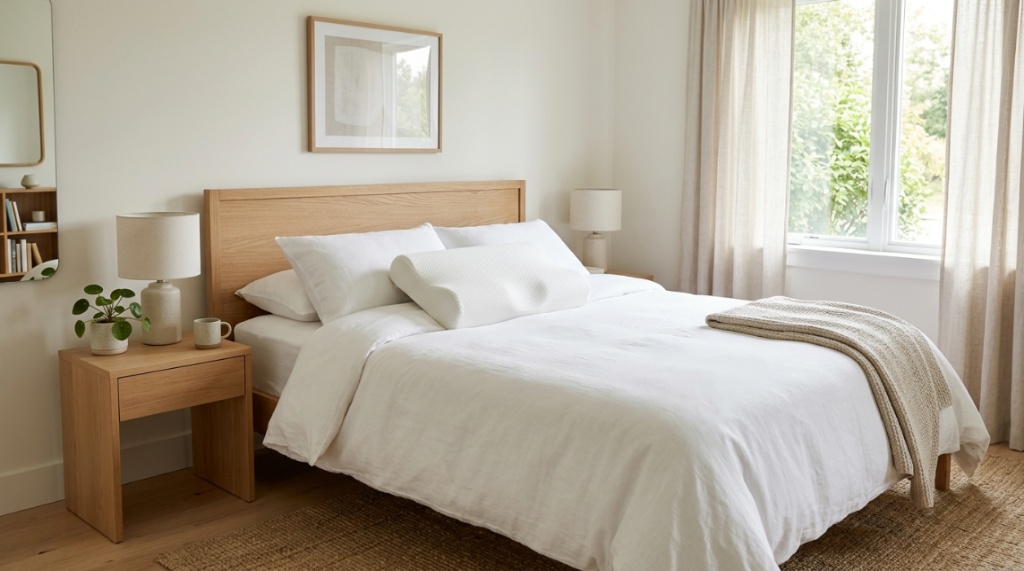 Ergonomic latex pillow displayed on a clean white bed in a bright bedroom.