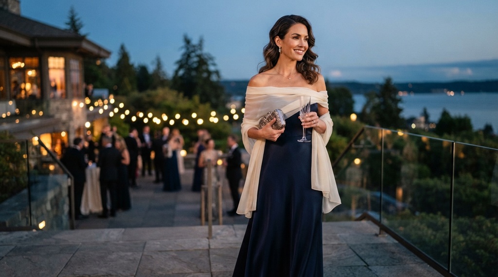 Woman wearing an affordable cream shawl over a blue evening dress outdoors in Washington.
