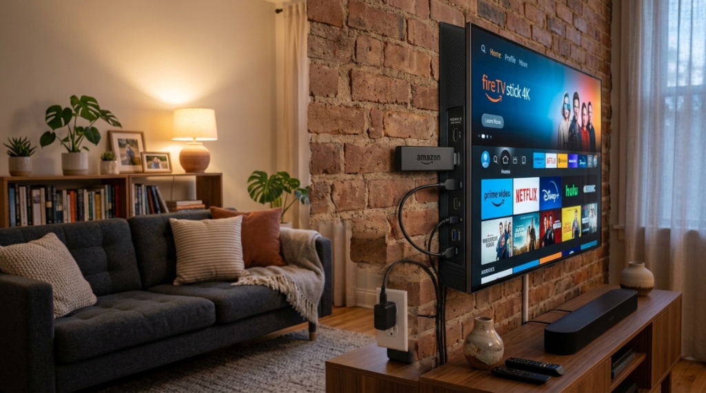 Fire TV Stick 4K plugged into a modern flat-screen television.