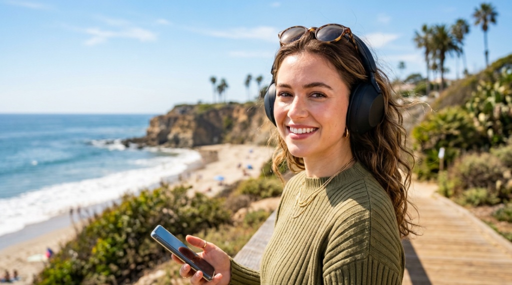 Person testing modern USB-C headphones on a sunny California balcony.
