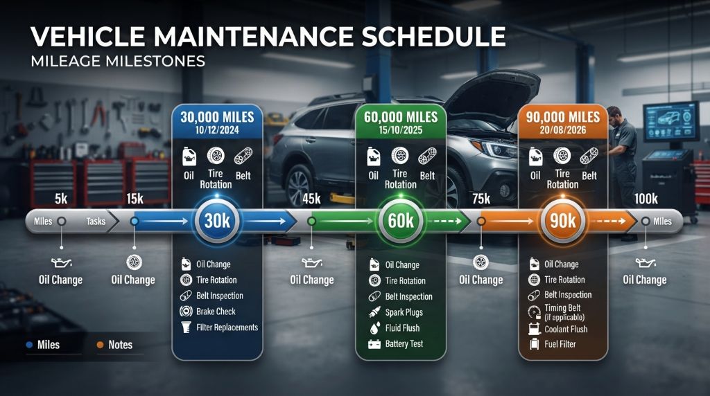 Vehicle maintenance checklist for different mileage intervals