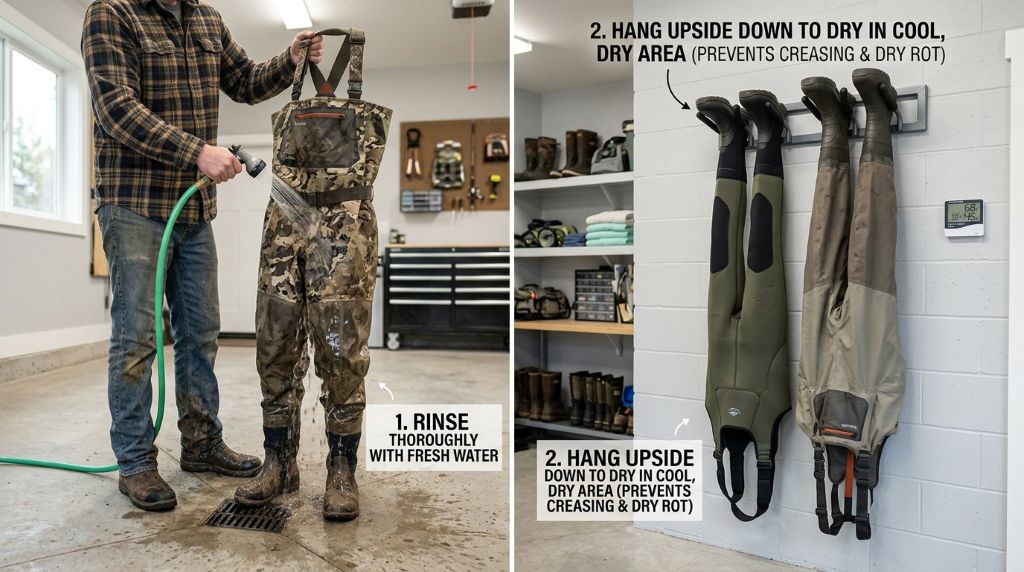 Cleaning and storing chest waders properly