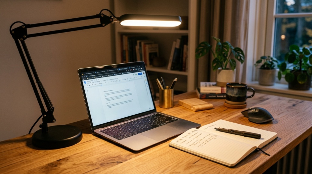Adjustable LED desk lamp casting warm light over a wooden workspace.