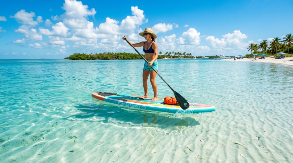 A woman paddle boarding on clear turquoise Florida ocean water on a sunny day.