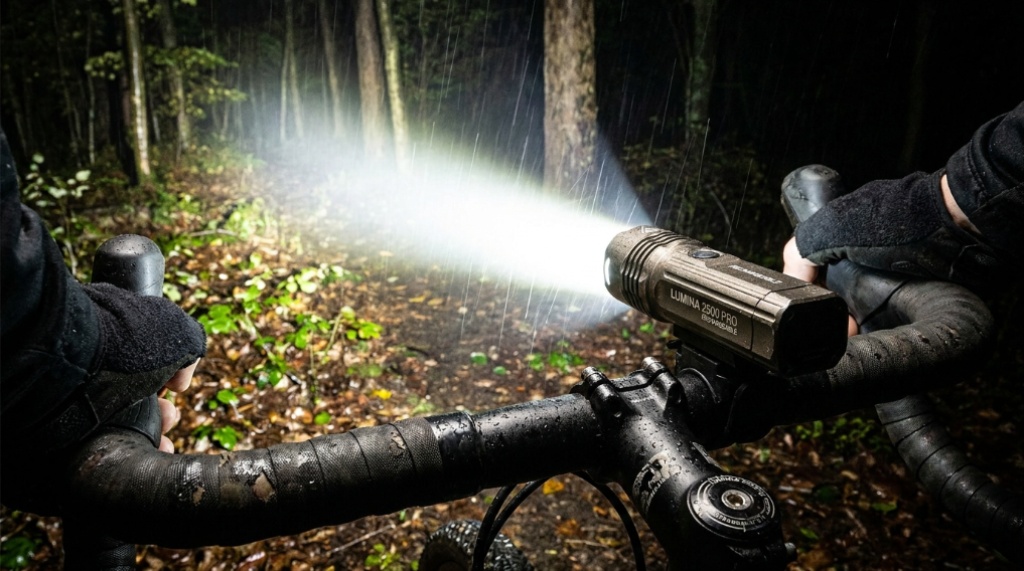 Close up of a powerful rechargeable bicycle headlight mounted on handlebars.