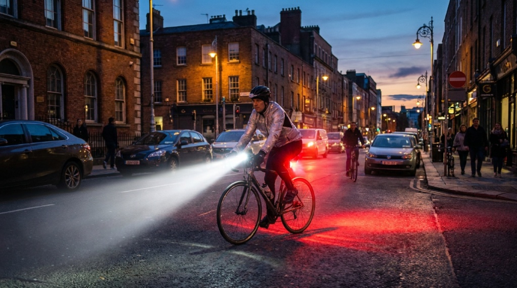 Cyclist riding a road bike at dusk with bright LED lights.