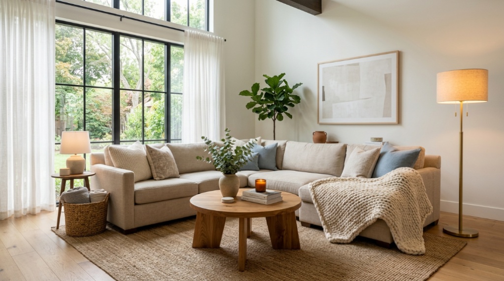 Textured throw pillows and a wool blanket arranged on a modern sofa.