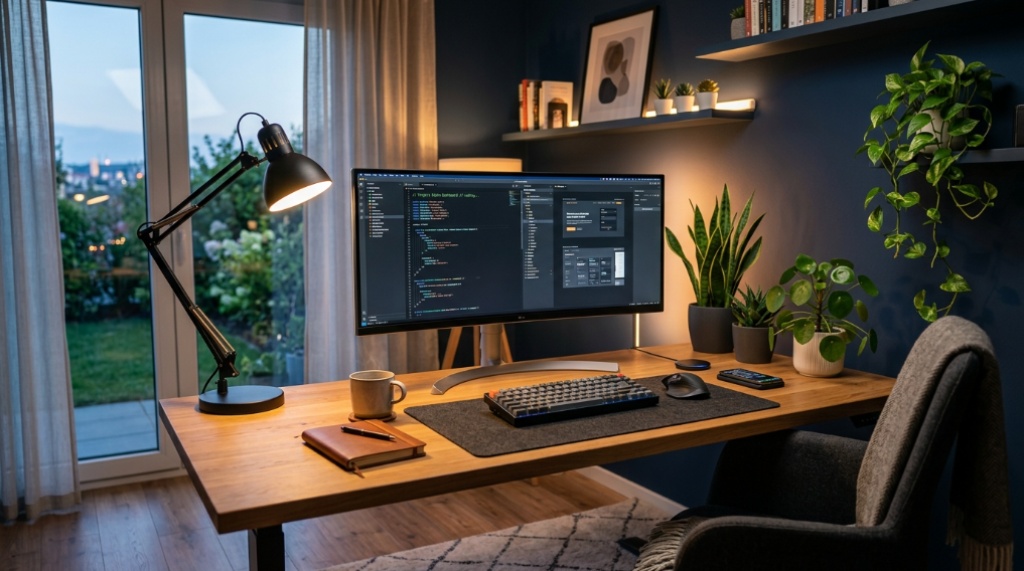 Modern home office desk setup with warm layered lighting and a monitor.
