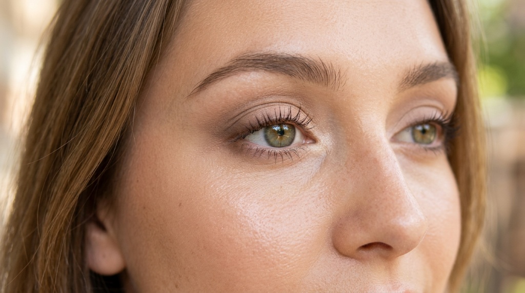 Close-up of a woman wearing soft natural daytime eye makeup.